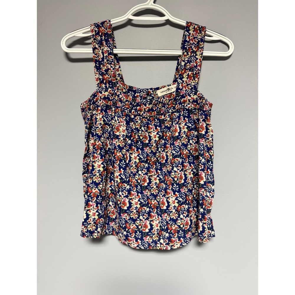 Natural Life Floral Tank Top Blue Button Back Pleated Sleeveless Boho Chic XS